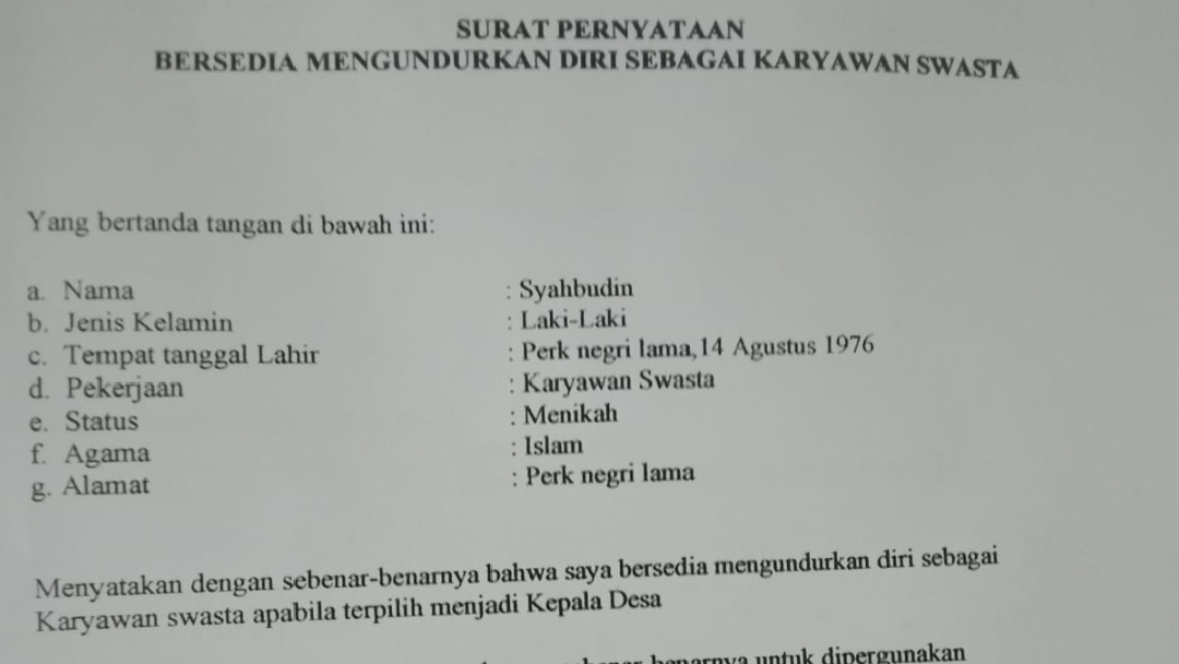 Surat peryataan Syahbudin saat pencalonan kepala desa (portalswara.com/Zulkifli)
