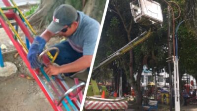 Pekerja saat memperbaiki fasilitas umum Taman Balita Binjai (portalswara. com/Raka)