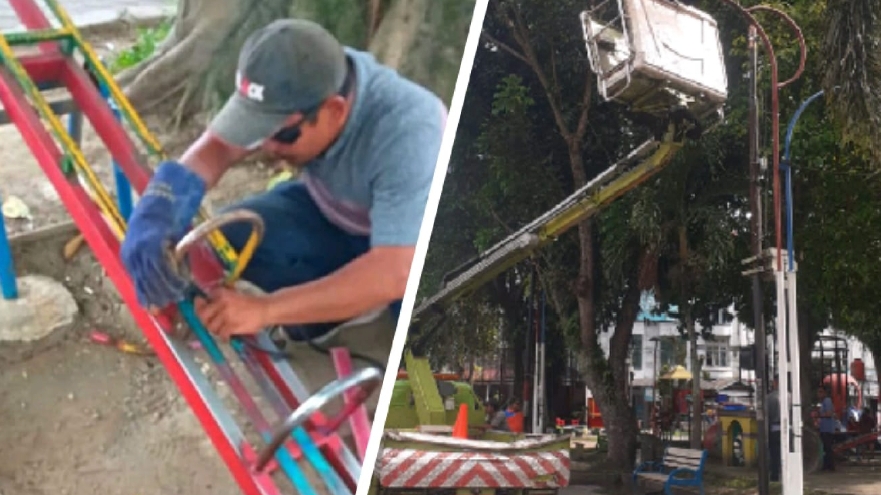 Pekerja saat memperbaiki fasilitas umum Taman Balita Binjai (portalswara. com/Raka)