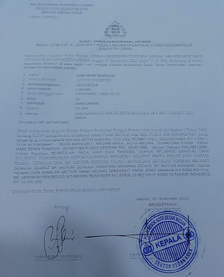 Tanda Terima laporan polisi (portalswara.com/dok)