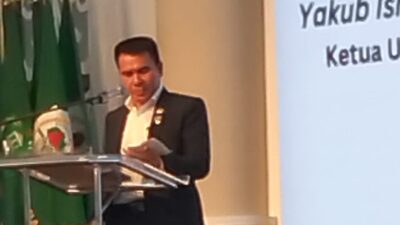 Wakil Ketua DPP IMO Safrul Daulay saat membacakan sambutan Ketua DPP IMO Yakub F Ismail (portalswara.com/dok) 